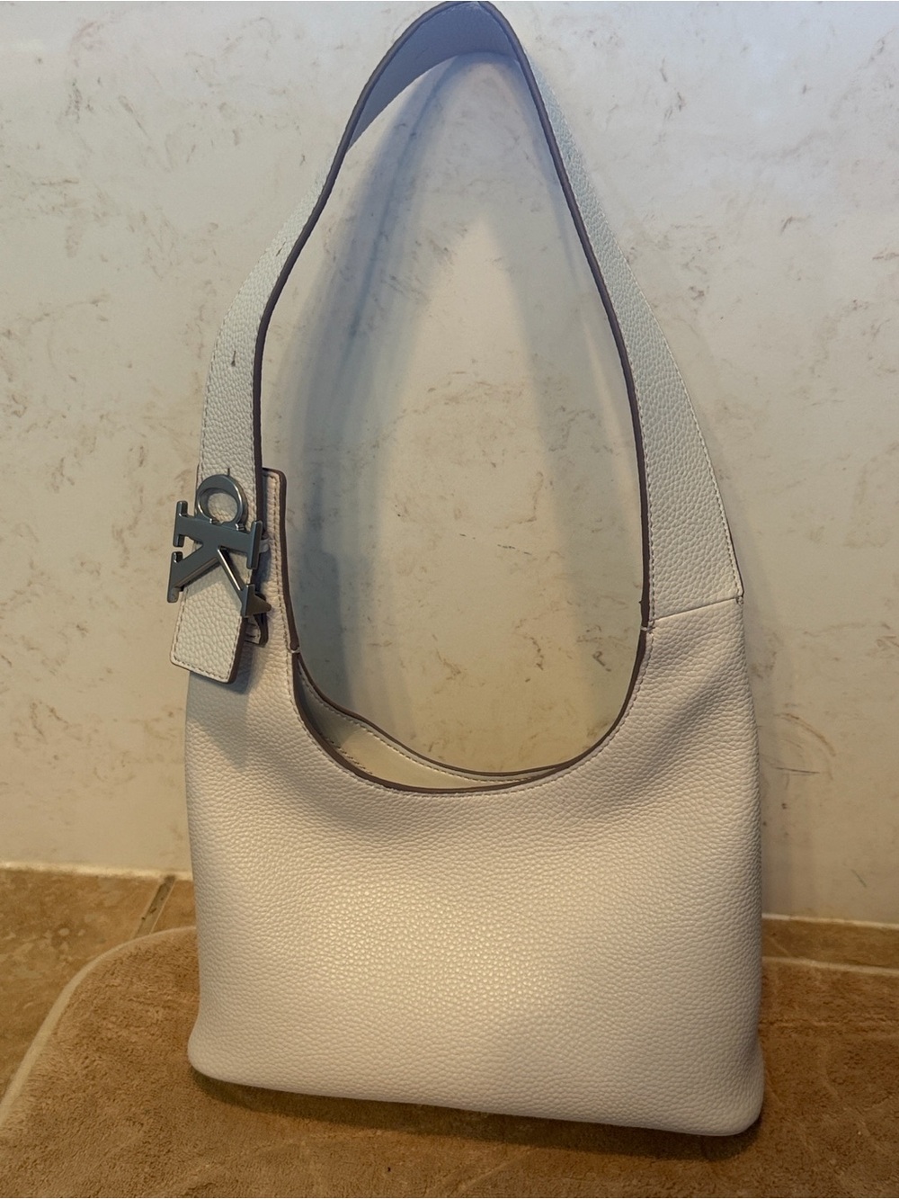 Cream Leather Shoulder Bag - Minimal Hobo Style